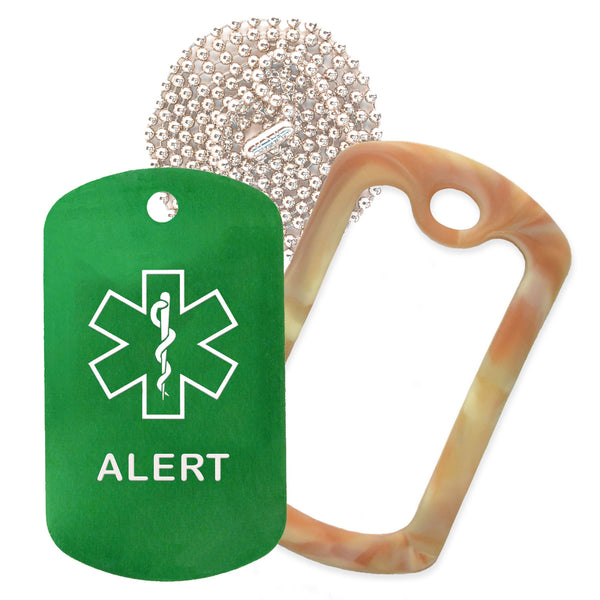 Green Medical ID Alert Necklace with Desert Camo Rubber Silencer and 30'' Ball Chain