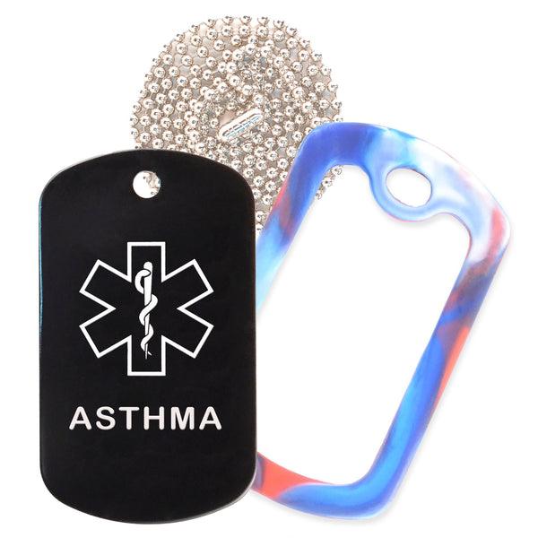 Black Medical ID Asthma Necklace with Red White and Blue Rubber Silencer and 30'' Ball Chain