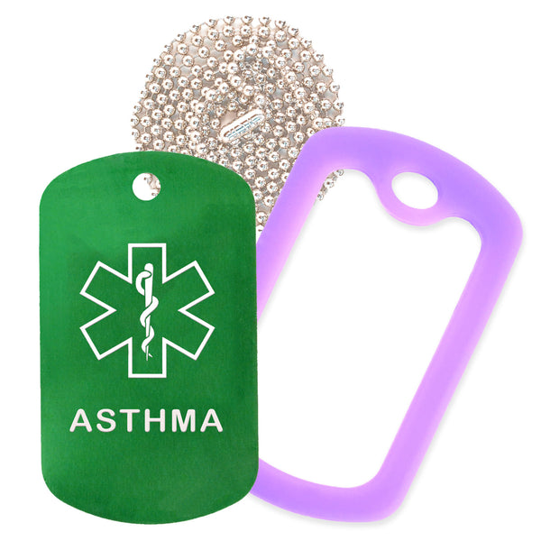 Green Medical ID Asthma Necklace with Purple Rubber Silencer and 30'' Ball Chain