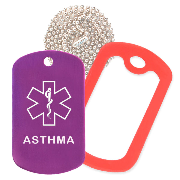 Purple Medical ID Asthma Necklace with Red Rubber Silencer and 30'' Ball Chain