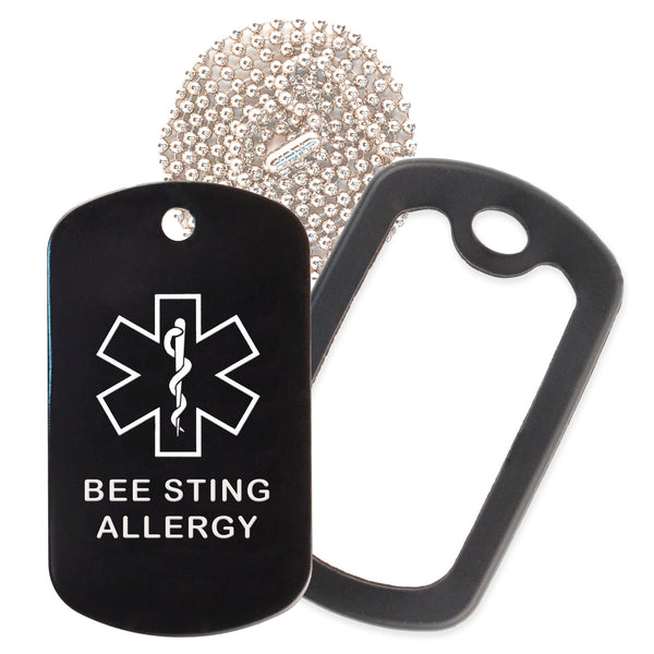 Black Medical ID Bee Sting Allergy Necklace with Black Rubber Silencer and 30'' Ball Chain
