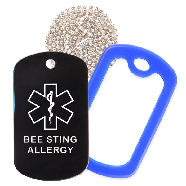 Black Medical ID Bee Sting Allergy Necklace with Blue Rubber Silencer and 30'' Ball Chain