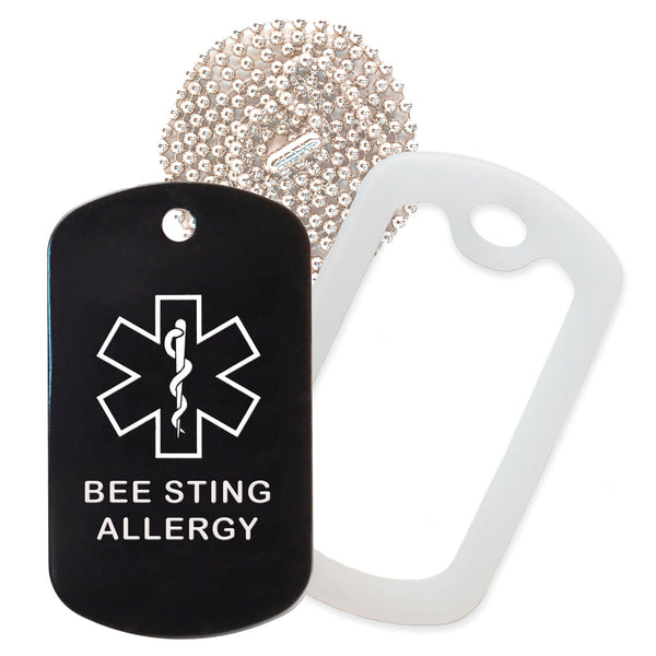 Black Medical ID Bee Sting Allergy Necklace with Clear Rubber Silencer and 30'' Ball Chain