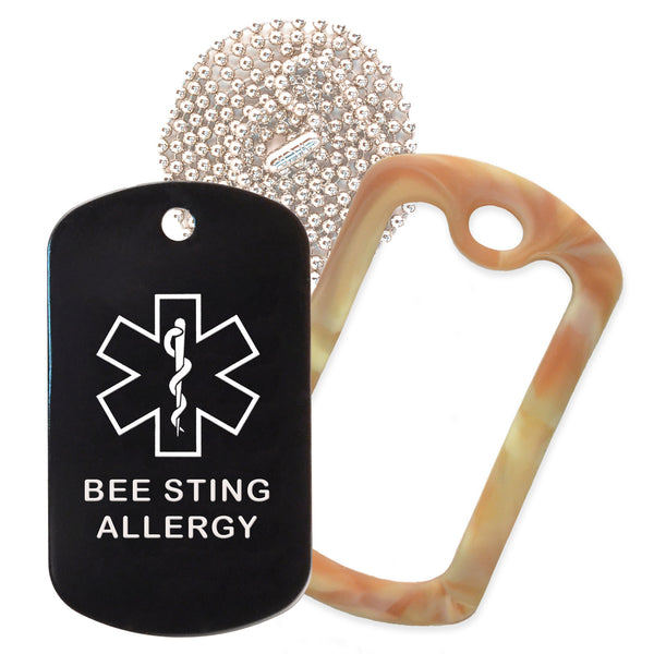 Black Medical ID Bee Sting Allergy Necklace with Desert Camo Rubber Silencer and 30'' Ball Chain