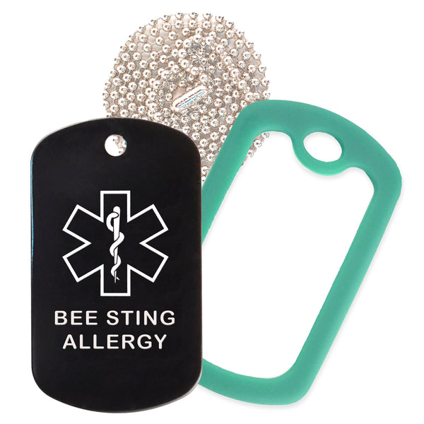 Black Medical ID Bee Sting Allergy Necklace with Green Rubber Silencer and 30'' Ball Chain