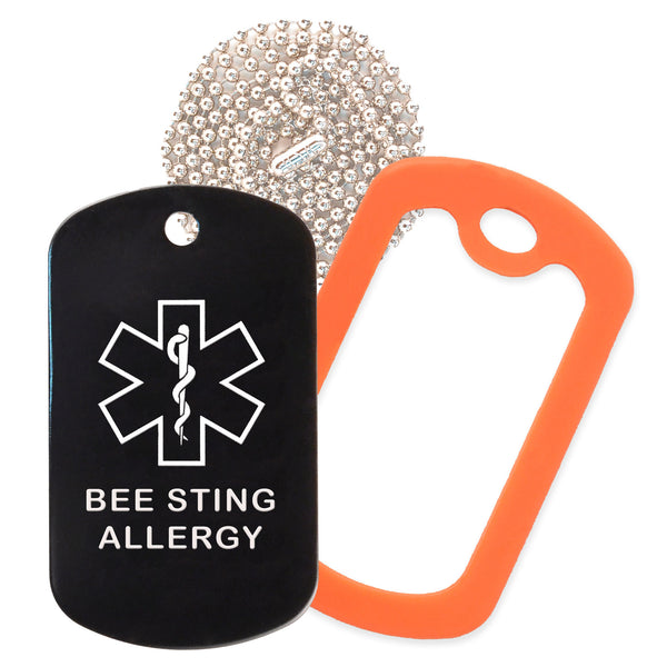 Black Medical ID Bee Sting Allergy Necklace with Orange Rubber Silencer and 30'' Ball Chain