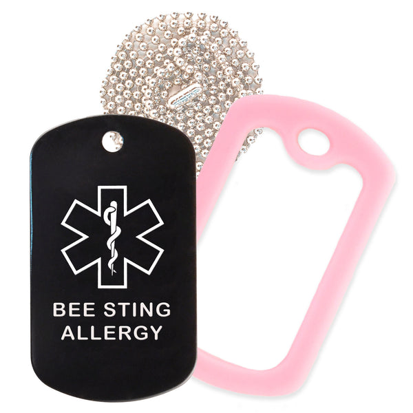 Black Medical ID Bee Sting Allergy Necklace with Pink Rubber Silencer and 30'' Ball Chain