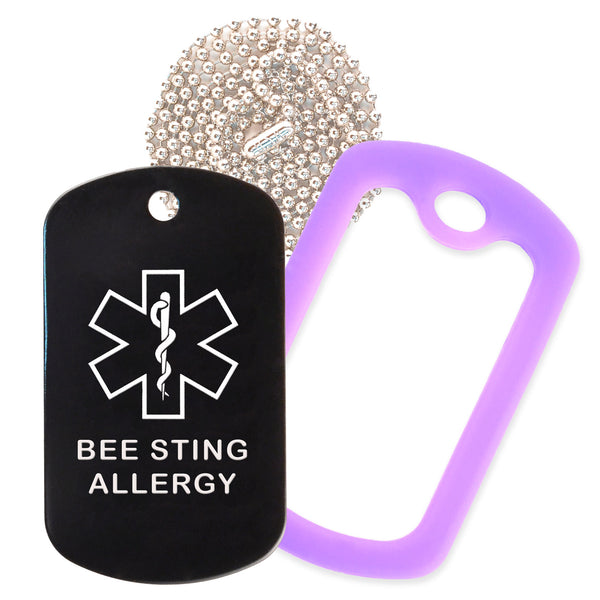 Black Medical ID Bee Sting Allergy Necklace with Purple Rubber Silencer and 30'' Ball Chain