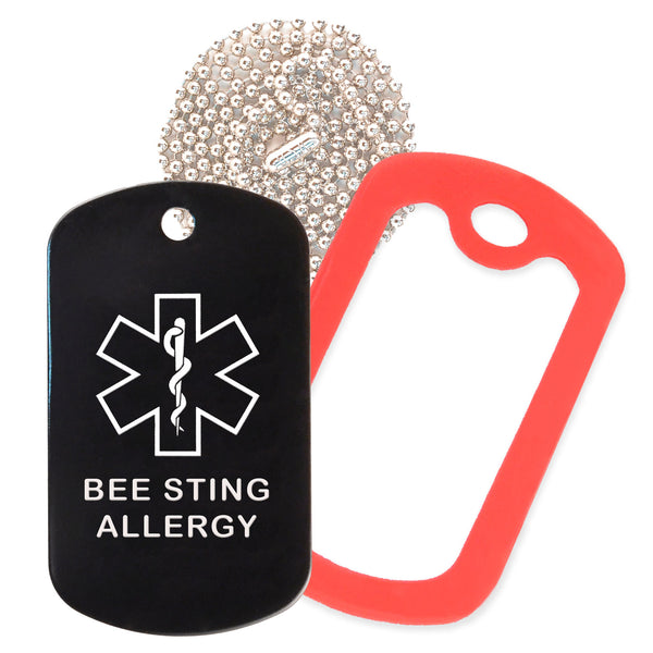 Black Medical ID Bee Sting Allergy Necklace with Red Rubber Silencer and 30'' Ball Chain