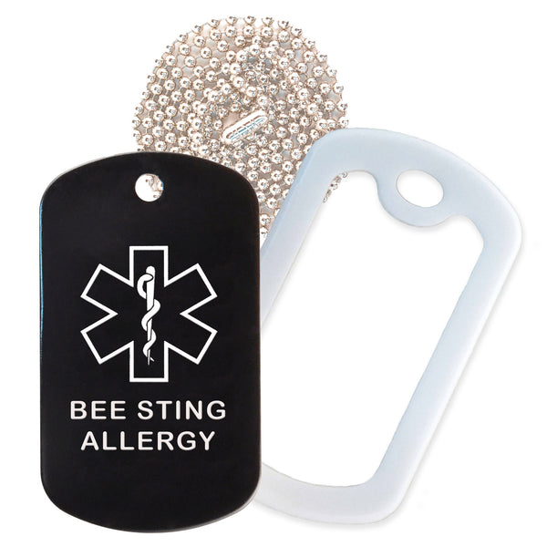 Black Medical ID Bee Sting Allergy Necklace with White Rubber Silencer and 30'' Ball Chain