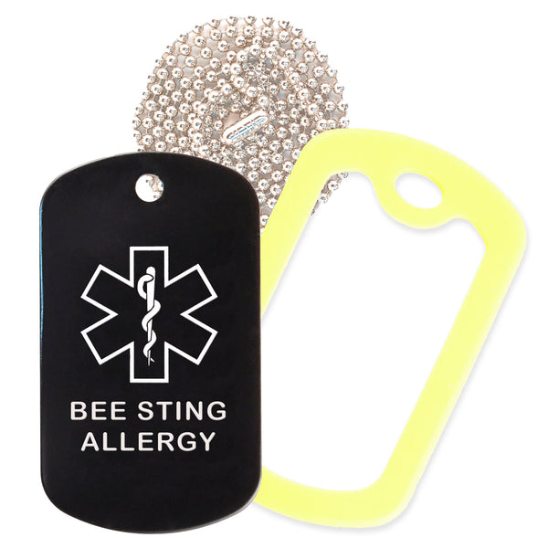 Black Medical ID Bee Sting Allergy Necklace with Yellow Rubber Silencer and 30'' Ball Chain