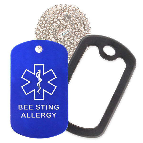 Blue Medical ID Bee Sting Allergy Necklace with Black Rubber Silencer and 30'' Ball Chain