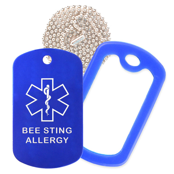 Blue Medical ID Bee Sting Allergy Necklace with Blue Rubber Silencer and 30'' Ball Chain