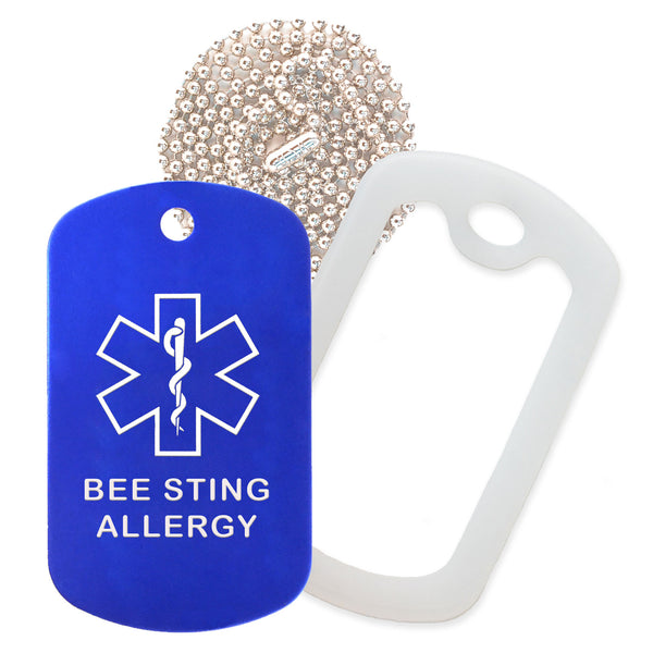 Blue Medical ID Bee Sting Allergy Necklace with Clear Rubber Silencer and 30'' Ball Chain