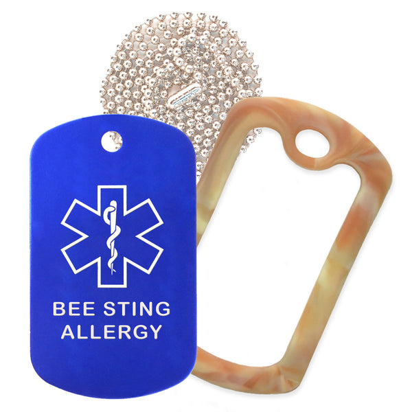 Blue Medical ID Bee Sting Allergy Necklace with Desert Camo Rubber Silencer and 30'' Ball Chain