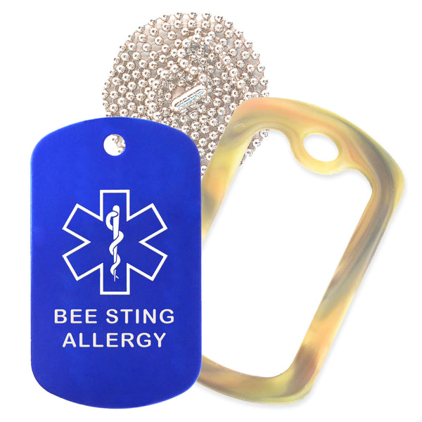 Blue Medical ID Bee Sting Allergy Necklace with Forest Camo Rubber Silencer and 30'' Ball Chain