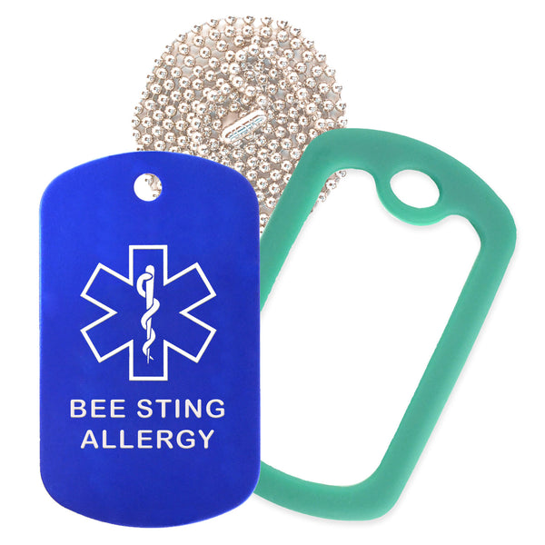 Blue Medical ID Bee Sting Allergy Necklace with Green Rubber Silencer and 30'' Ball Chain