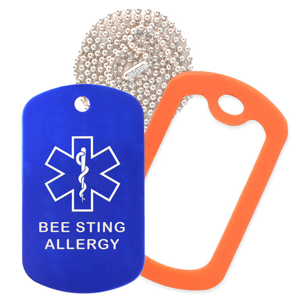 Blue Medical ID Bee Sting Allergy Necklace with Orange Rubber Silencer and 30'' Ball Chain