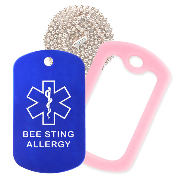 Blue Medical ID Bee Sting Allergy Necklace with Pink Rubber Silencer and 30'' Ball Chain