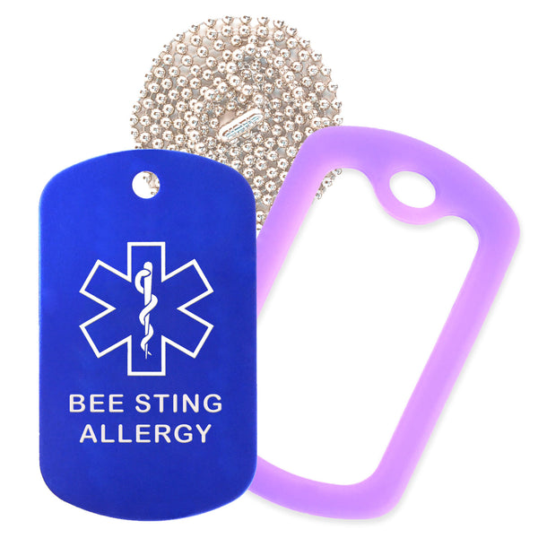 Blue Medical ID Bee Sting Allergy Necklace with Purple Rubber Silencer and 30'' Ball Chain