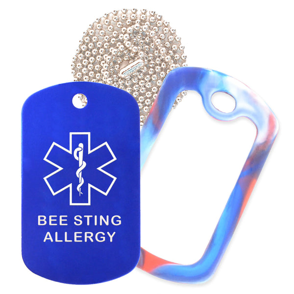 Blue Medical ID Bee Sting Allergy Necklace with Red White and Blue Rubber Silencer and 30'' Ball Chain