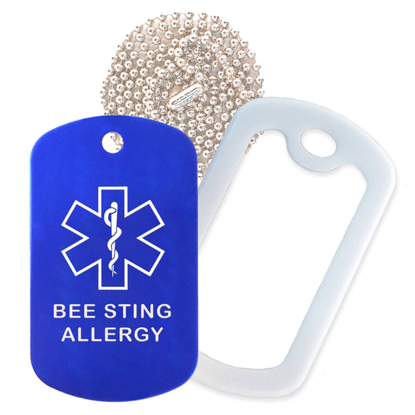 Blue Medical ID Bee Sting Allergy Necklace with White Rubber Silencer and 30'' Ball Chain