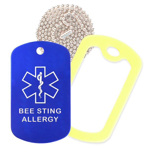 Blue Medical ID Bee Sting Allergy Necklace with Yellow Rubber Silencer and 30'' Ball Chain