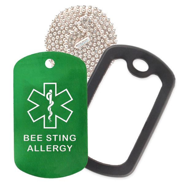 Green Medical ID Bee Sting Allergy Necklace with Black Rubber Silencer and 30'' Ball Chain