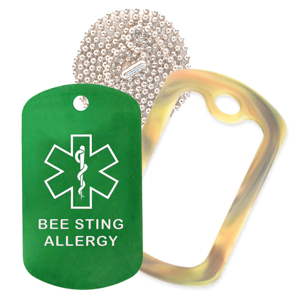 Green Medical ID Bee Sting Allergy Necklace with Forest Camo Rubber Silencer and 30'' Ball Chain