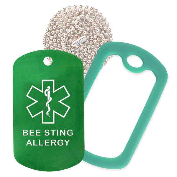 Green Medical ID Bee Sting Allergy Necklace with Green Rubber Silencer and 30'' Ball Chain