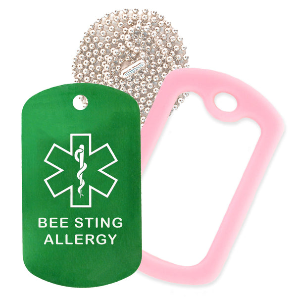 Green Medical ID Bee Sting Allergy Necklace with Pink Rubber Silencer and 30'' Ball Chain