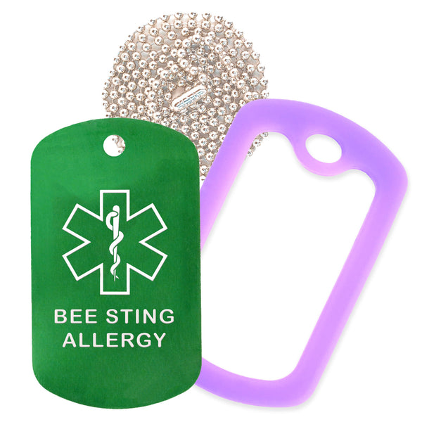 Green Medical ID Bee Sting Allergy Necklace with Purple Rubber Silencer and 30'' Ball Chain