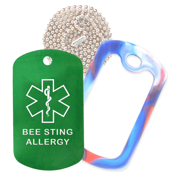 Green Medical ID Bee Sting Allergy Necklace with Red White and Blue Rubber Silencer and 30'' Ball Chain