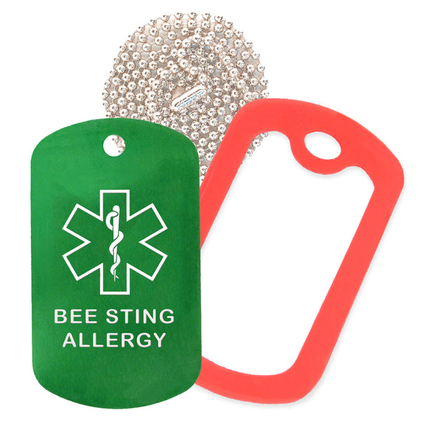 Green Medical ID Bee Sting Allergy Necklace with Red Rubber Silencer and 30'' Ball Chain