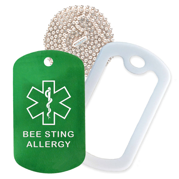 Green Medical ID Bee Sting Allergy Necklace with White Rubber Silencer and 30'' Ball Chain