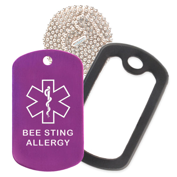 Purple Medical ID Bee Sting Allergy Necklace with Black Rubber Silencer and 30'' Ball Chain