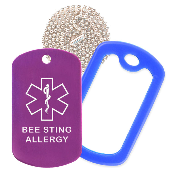 Purple Medical ID Bee Sting Allergy Necklace with Blue Rubber Silencer and 30'' Ball Chain