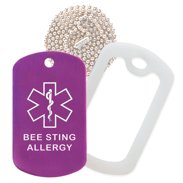 Purple Medical ID Bee Sting Allergy Necklace with Clear Rubber Silencer and 30'' Ball Chain