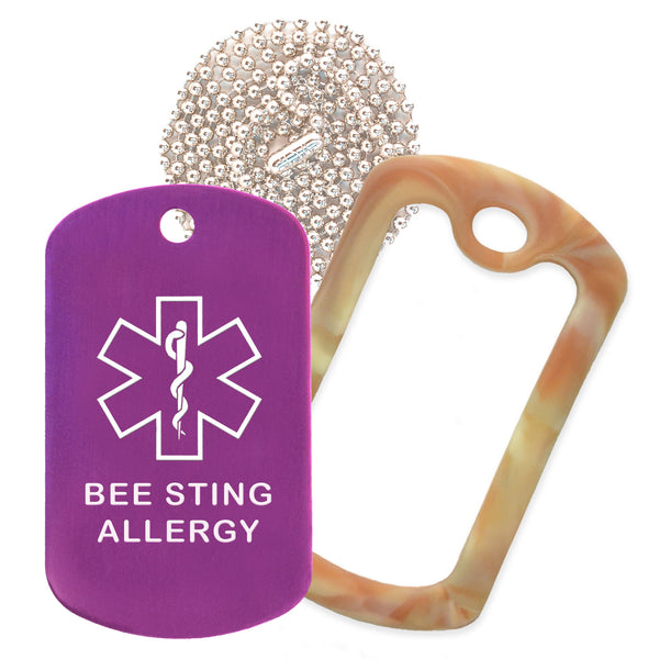 Purple Medical ID Bee Sting Allergy Necklace with Desert Camo Rubber Silencer and 30'' Ball Chain