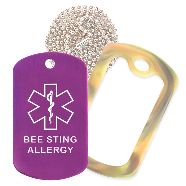 Purple Medical ID Bee Sting Allergy Necklace with Forest Camo Rubber Silencer and 30'' Ball Chain