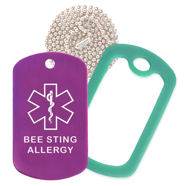 Purple Medical ID Bee Sting Allergy Necklace with Green Rubber Silencer and 30'' Ball Chain