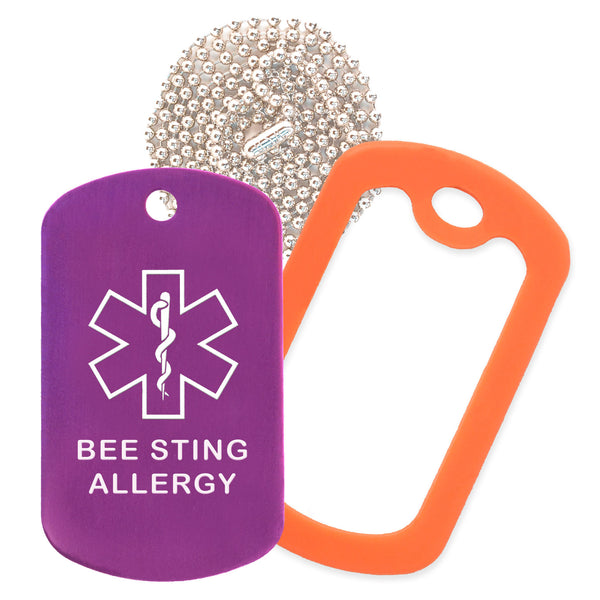 Purple Medical ID Bee Sting Allergy Necklace with Orange Rubber Silencer and 30'' Ball Chain