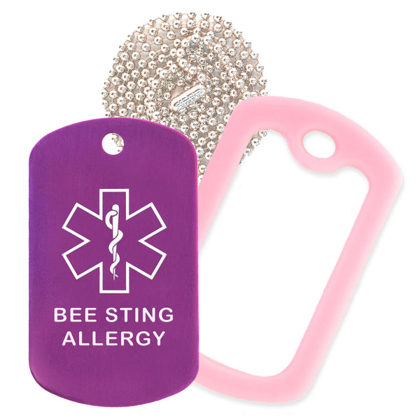 Purple Medical ID Bee Sting Allergy Necklace with Pink Rubber Silencer and 30'' Ball Chain