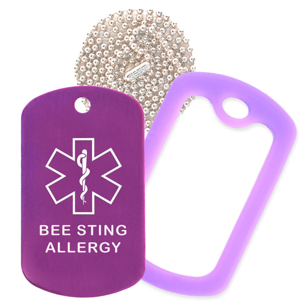 Purple Medical ID Bee Sting Allergy Necklace with Purple Rubber Silencer and 30'' Ball Chain