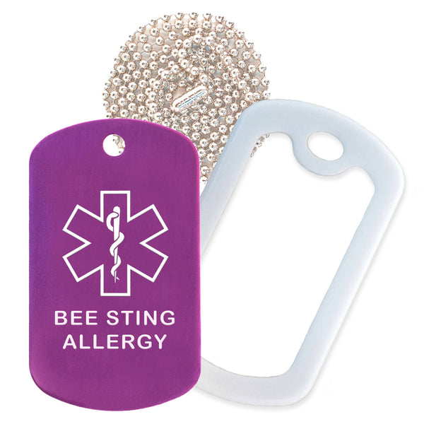Purple Medical ID Bee Sting Allergy Necklace with White Rubber Silencer and 30'' Ball Chain