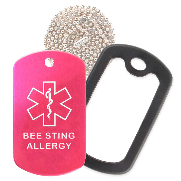 Hot Pink Medical ID Bee Sting Allergy Necklace with Black Rubber Silencer and 30'' Ball Chain