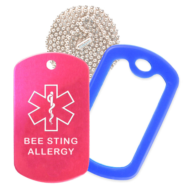 Hot Pink Medical ID Bee Sting Allergy Necklace with Blue Rubber Silencer and 30'' Ball Chain