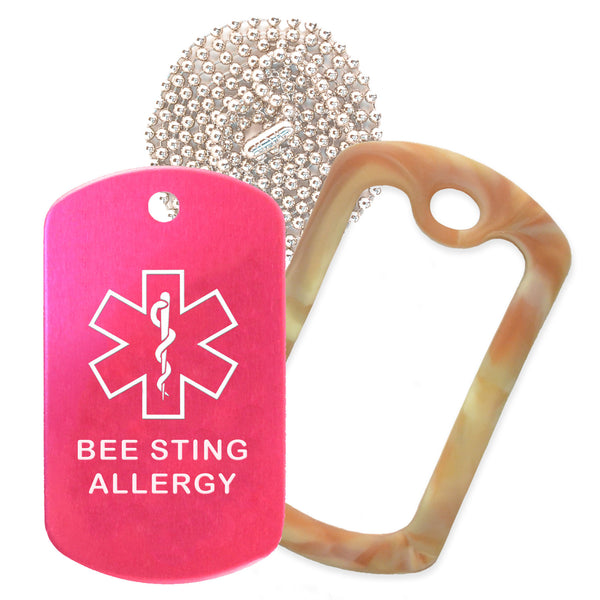 Hot Pink Medical ID Bee Sting Allergy Necklace with Desert Camo Rubber Silencer and 30'' Ball Chain