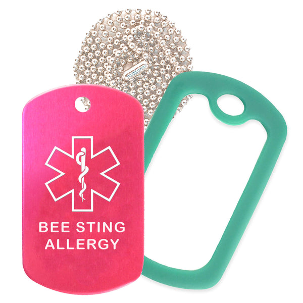 Hot Pink Medical ID Bee Sting Allergy Necklace with Green Rubber Silencer and 30'' Ball Chain