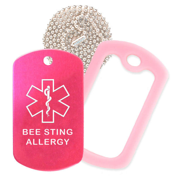 Hot Pink Medical ID Bee Sting Allergy Necklace with Pink Rubber Silencer and 30'' Ball Chain